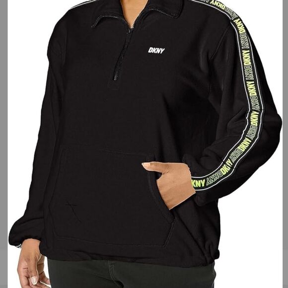 DKNY Black logo tape fleece pullover Sweatshirt with Neon Accents , - Picture 5 of 10